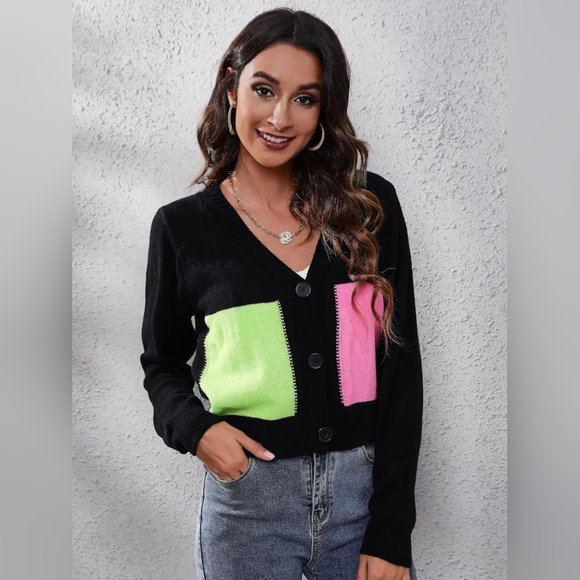 Color Block Cropped Classic Knit Button Front Long Sleeve Casual Cardigan Bright - Picture 5 of 8